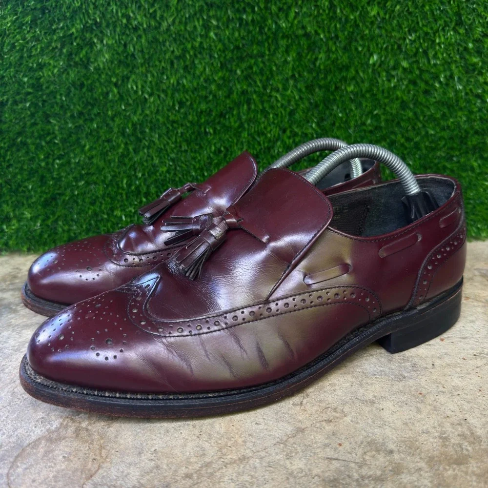 Vintage 90s OAKRIDGE Tassel Loafers Wingtip Brogue Dress Shoes Burgundy 9